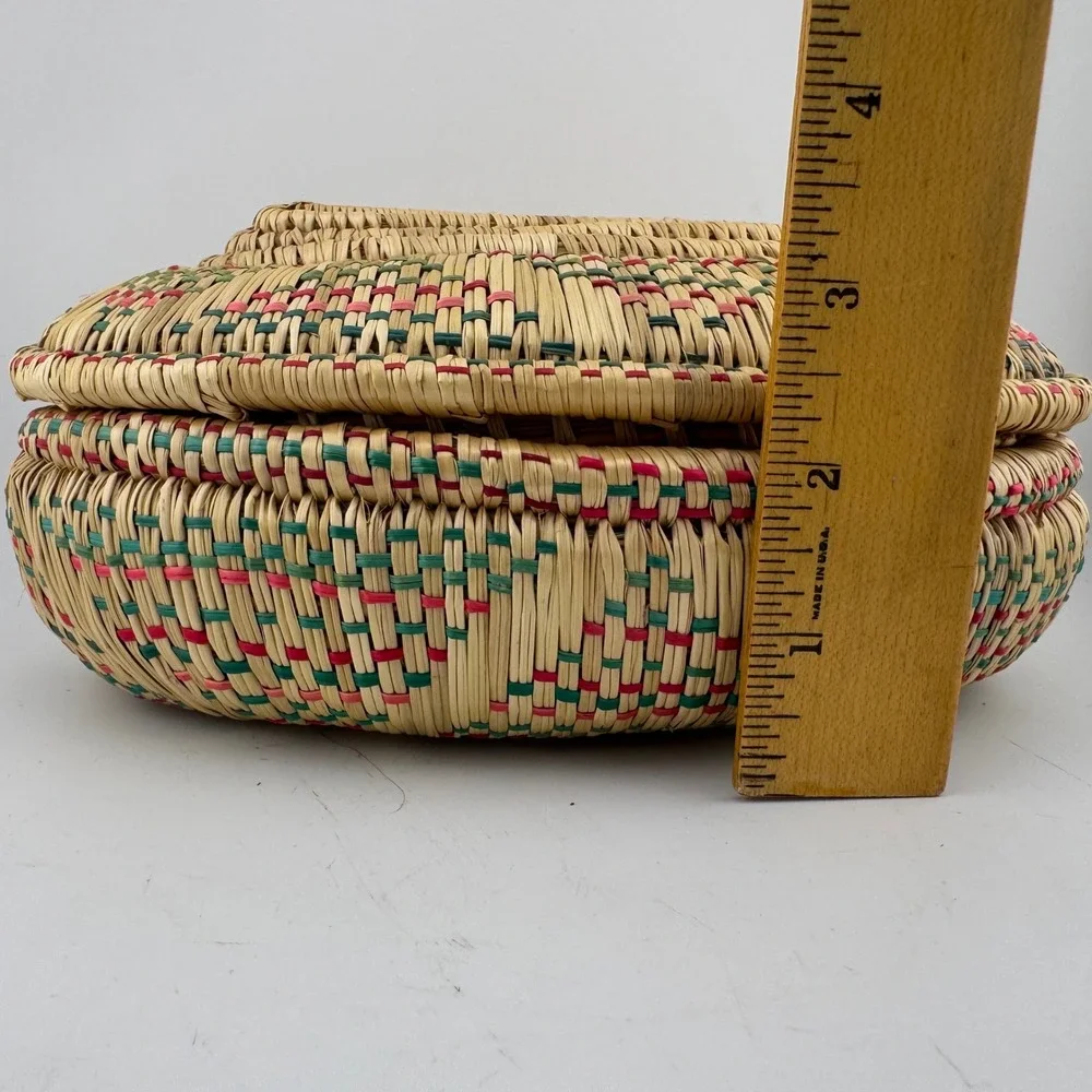 Handmade Woven Lidded Basket Medium Natural Red Green Excellent Boho Oval Decor